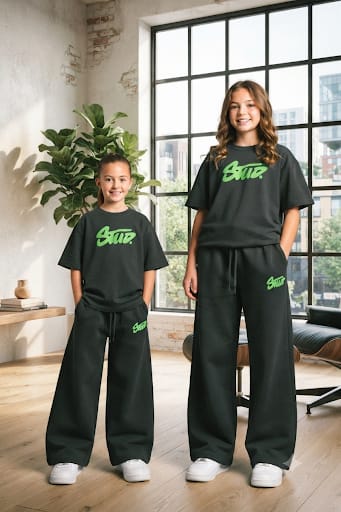 Ensemble 2 Pièces Fille – T-shirt &amp; Pantalon Large | Imprimé Star Vert | 8–13 ans