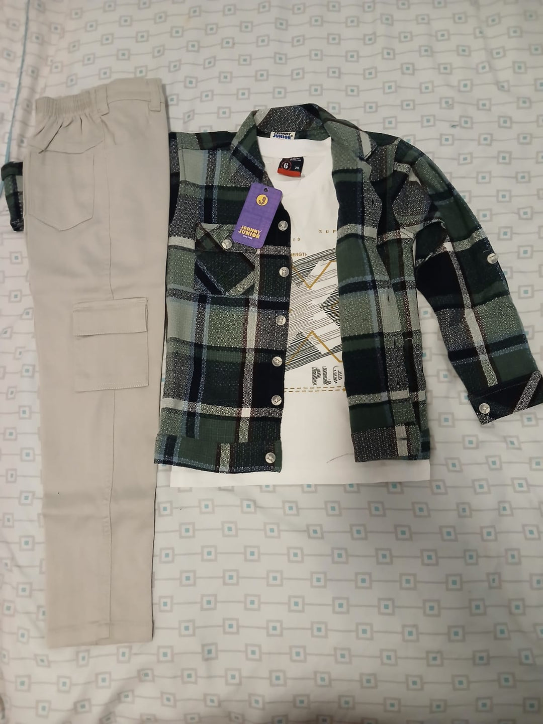 Ensemble 3 pièces Garçon – Chemise Carreaux &amp; Cargo Gris 