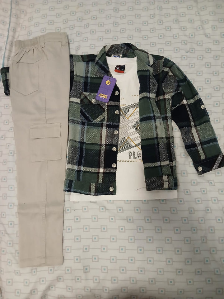 Ensemble 3 pièces Garçon – Chemise Carreaux &amp; Cargo Gris 