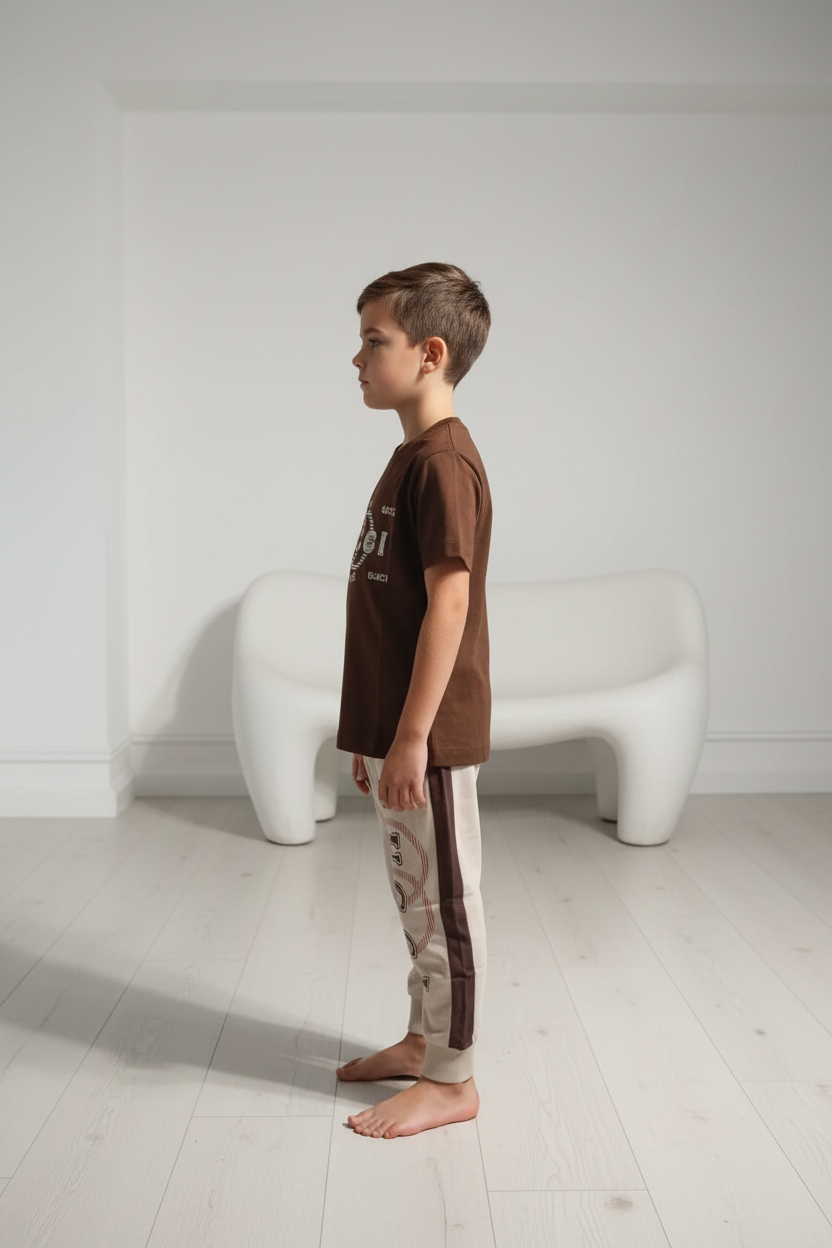 Ensemble Garçon T-shirt &amp; Jogger – Style Luxe Brun/Beige