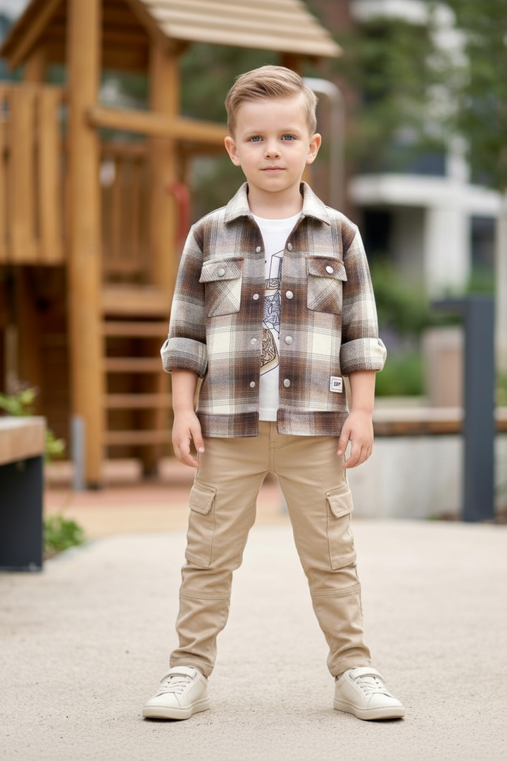 Ensemble 3 pièces Garçon – Chemise à Carreaux, T-shirt &amp; Pantalon cargo 12 mois à 8 ans
