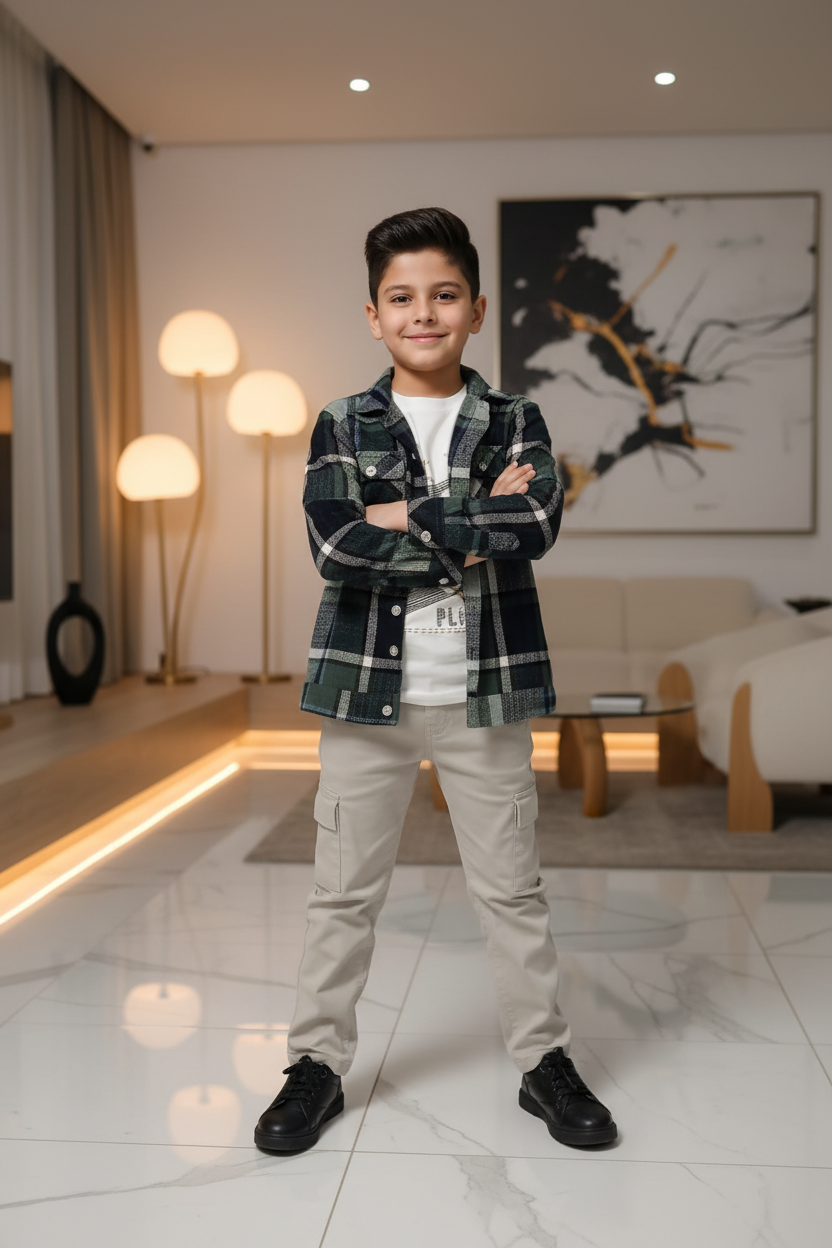 Garçon 6 ans – bras croisés, intérieur moderne chic