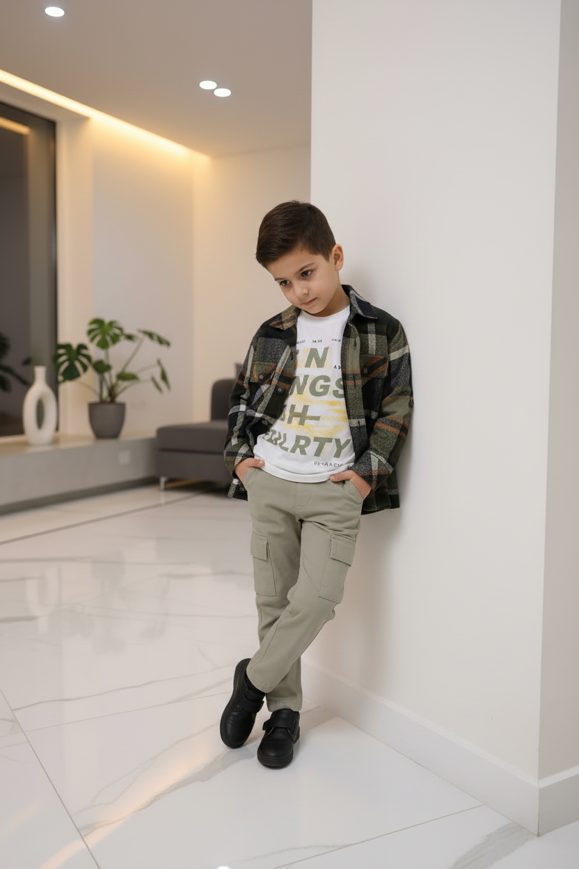 Garçon 6 ans – appuyé contre mur moderne, main dans la poche