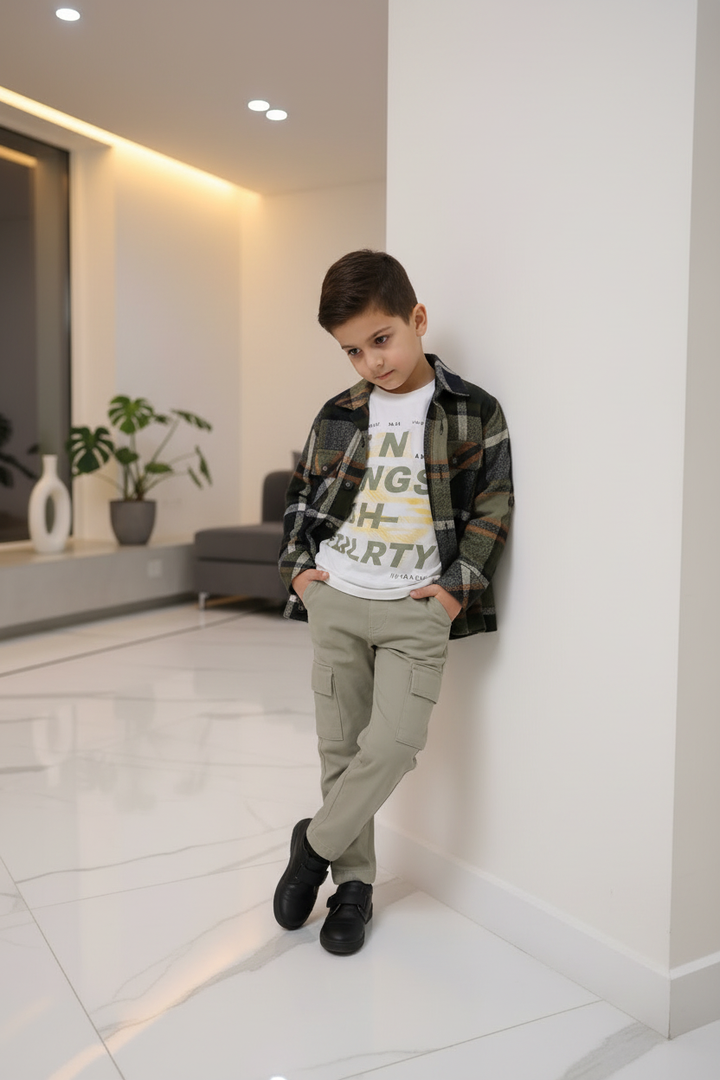 Garçon 6 ans – appuyé contre mur moderne, main dans la poche