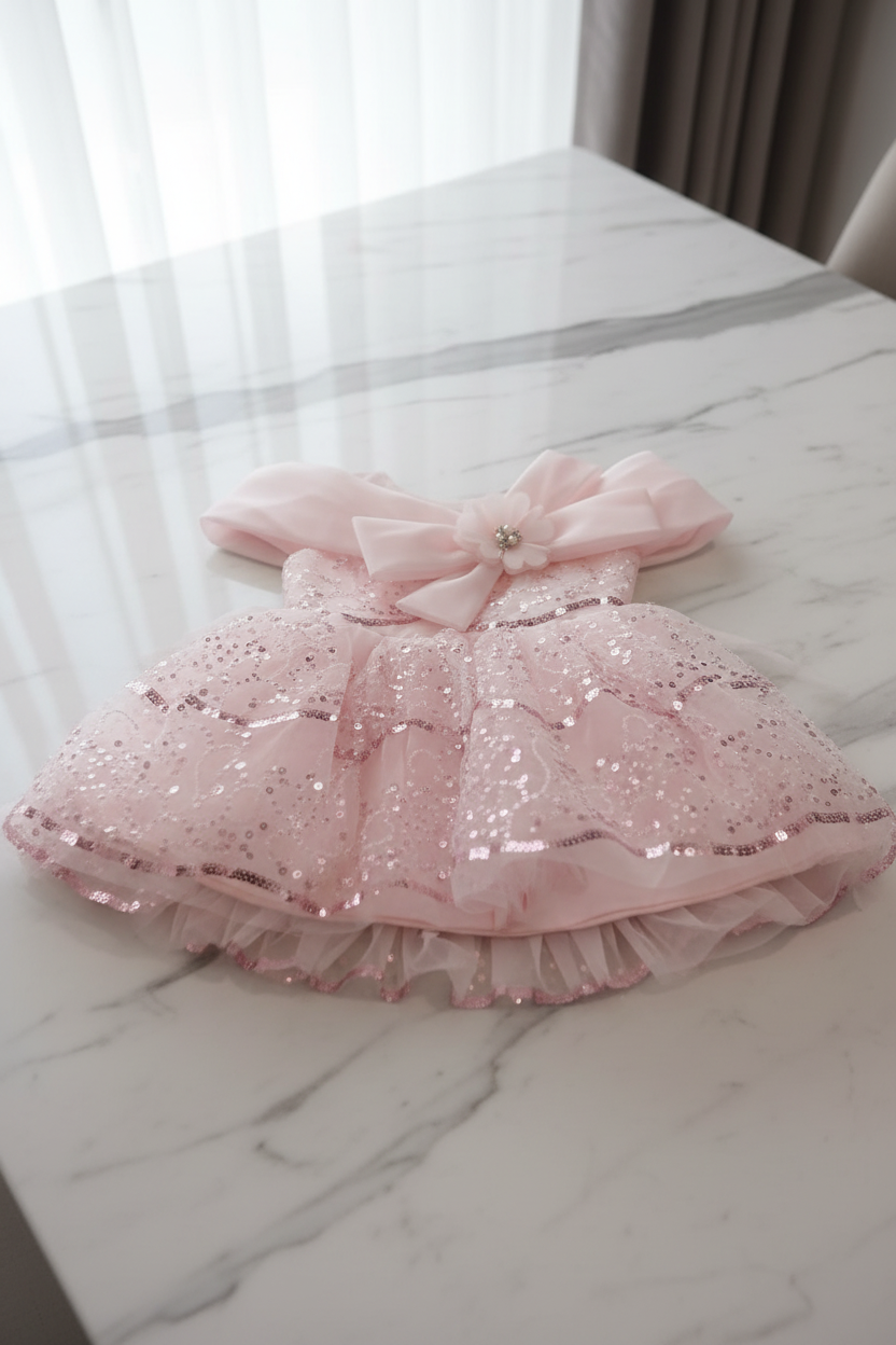 Robe rose sequins posée sur une table en marbre blanc