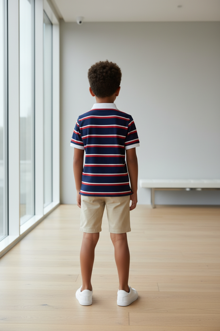 Polo rayé garçon bleu marine et rouge – vue de dos, col blanc contrasté