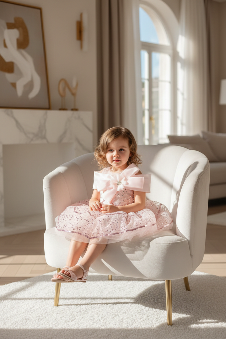 Fillette 3 ans - Assise sur chaise velours blanc