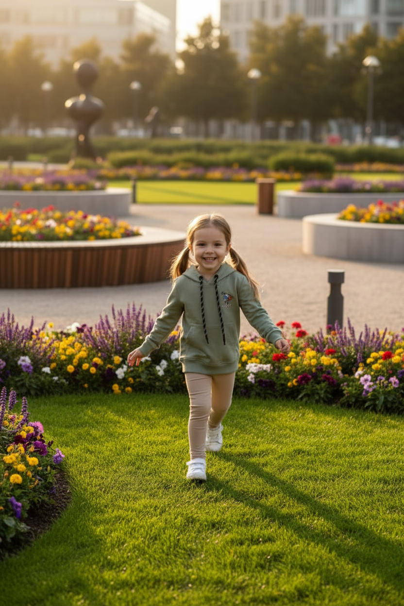 Petite fille portant le hoodie vert sauge astronaute CHAYA STYLE, courant dans un parc chic