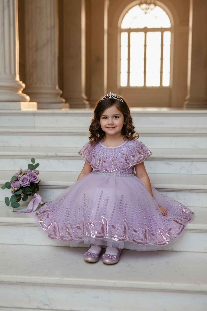 Robe de cérémonie à paillettes violette fille tulle évasé – pose assise marches élégantes – CHAYA STYLE