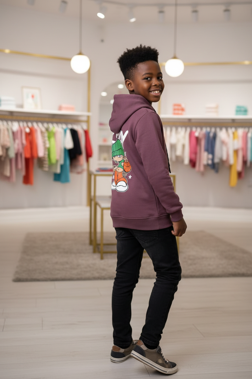 Enfant afro-descendant portant le hoodie bordeaux CHAYA STYLE, pose de dos, boutique chic