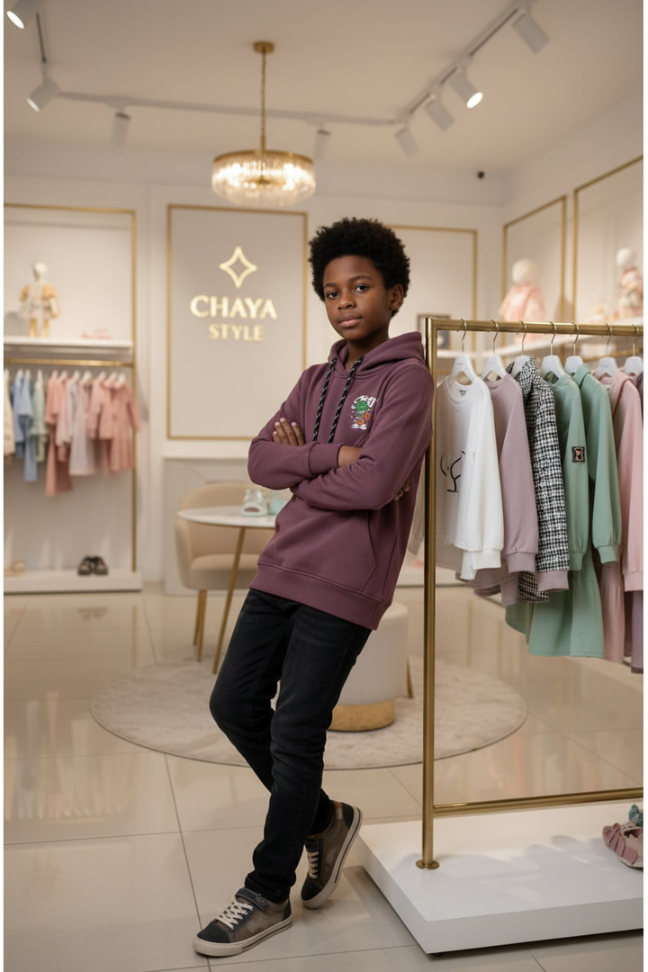 Enfant afro-descendant portant le hoodie bordeaux CHAYA STYLE, adossé, boutique chic