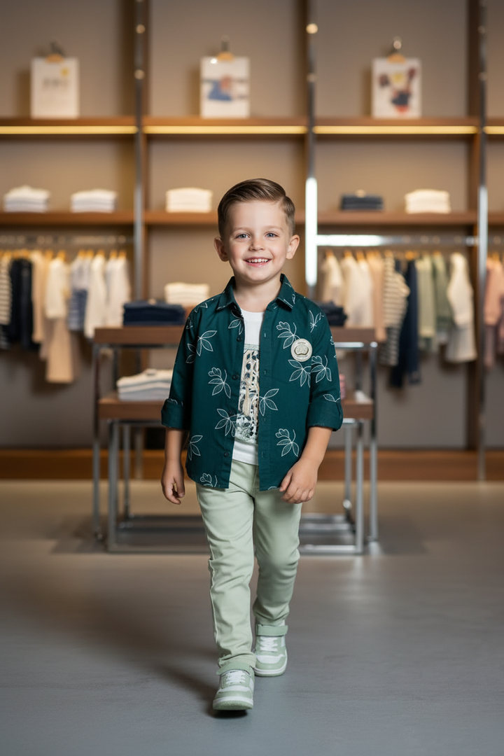 Ensemble 3 pièces garçon chemise tropicale vert forêt - pose en marche - CHAYA STYLE