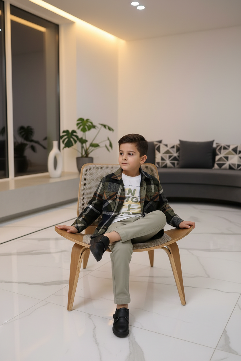 Garçon 6 ans – assis sur fauteuil design, intérieur chic