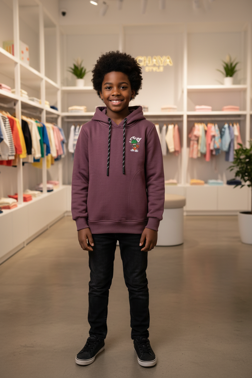 Enfant afro-descendant portant le hoodie bordeaux CHAYA STYLE, pose debout, boutique chic