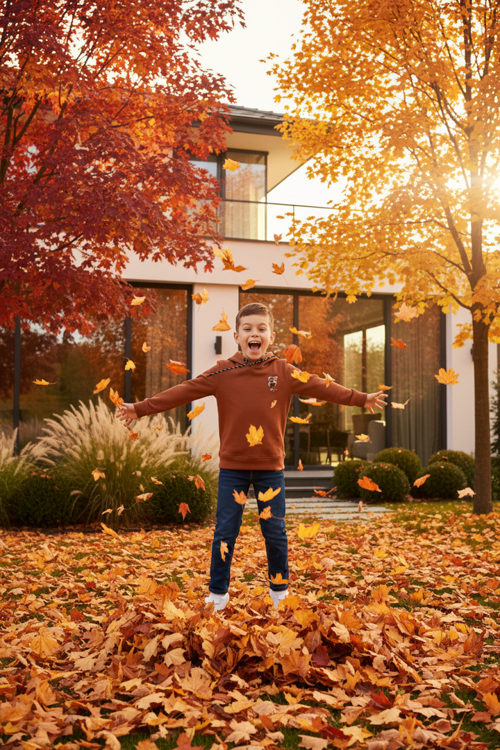 Enfant portant le hoodie roux CHAYA STYLE, sautant dans les feuilles, automne