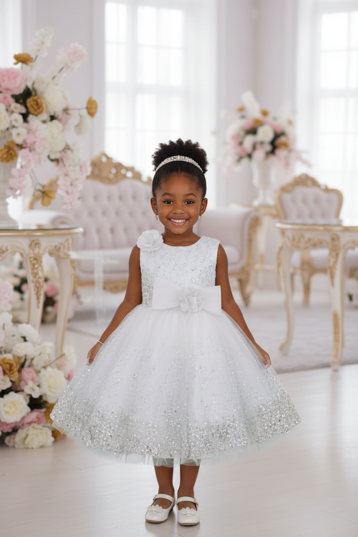 Robe de cérémonie blanche fille tulle paillettes argent – pose debout salon doré – CHAYA STYLE