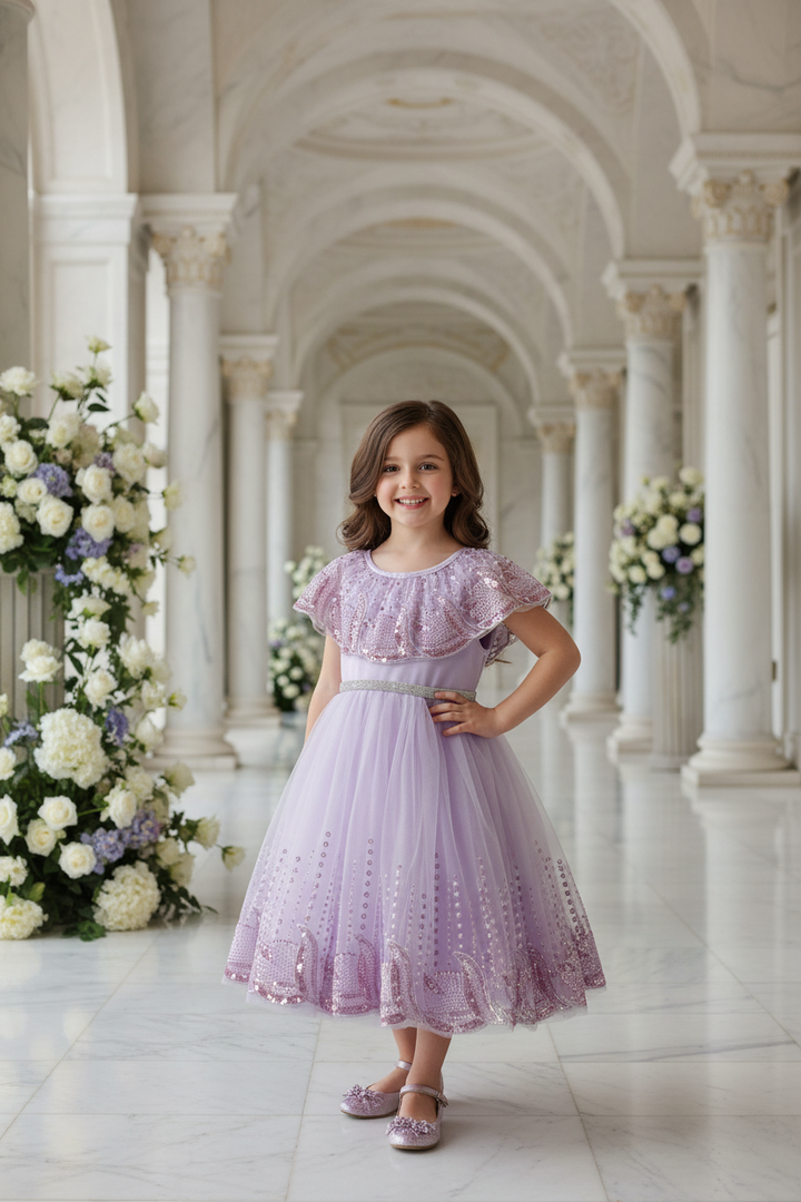 Robe de cérémonie à paillettes violette fille tulle évasé – pose debout palais de marbre – CHAYA STYLE
