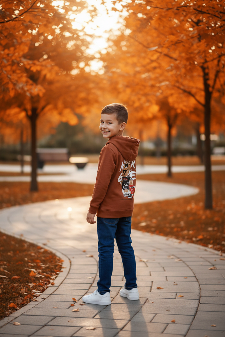 Enfant portant le hoodie roux CHAYA STYLE, pose de dos, parc automnal