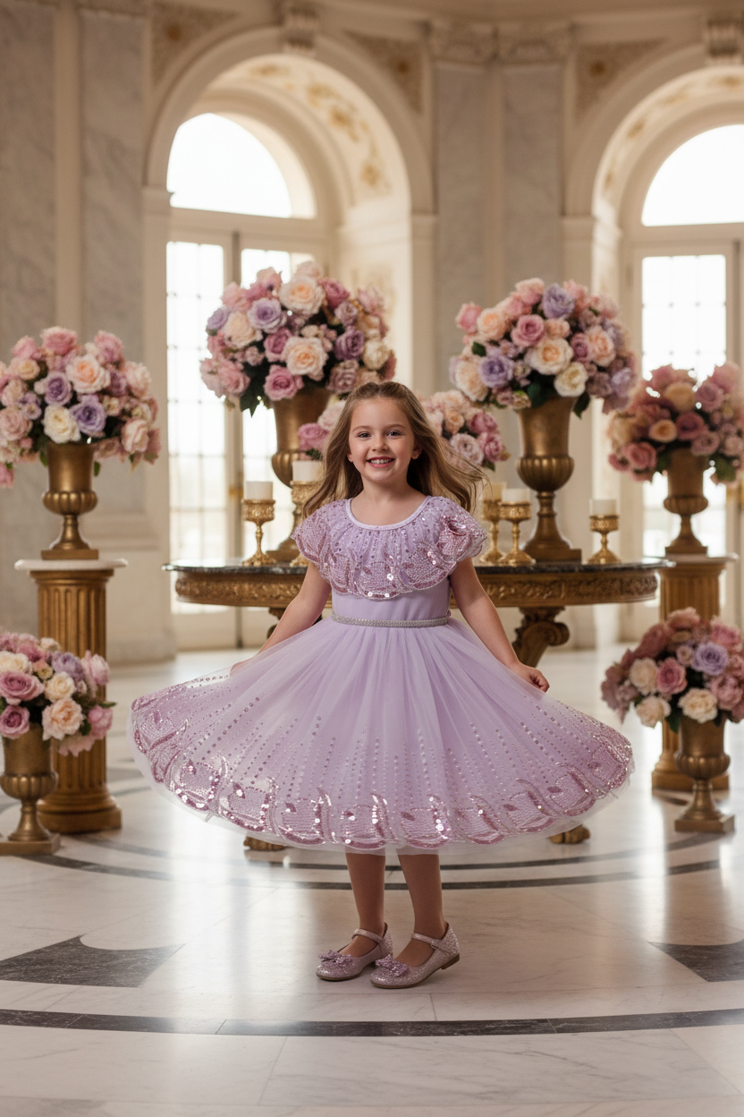 Robe de cérémonie à paillettes violette fille tulle évasé – pose tourbillon jupe – CHAYA STYLE