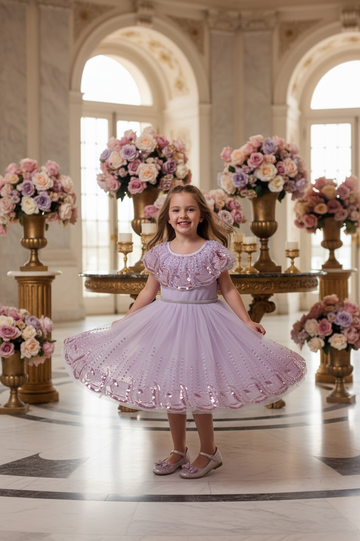 Robe de cérémonie à paillettes violette fille tulle évasé – pose tourbillon jupe – CHAYA STYLE