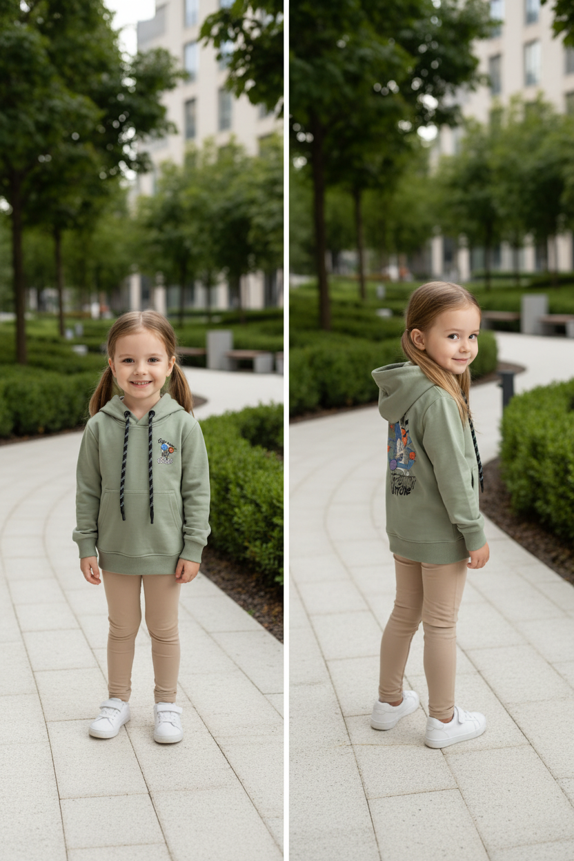Petite fille portant le hoodie vert sauge astronaute CHAYA STYLE, pose debout, parc moderne