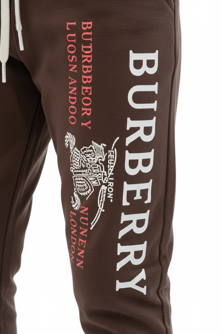 Détail logo Burberry London sur la jambe du jogging marron, enfant 3-12 ans