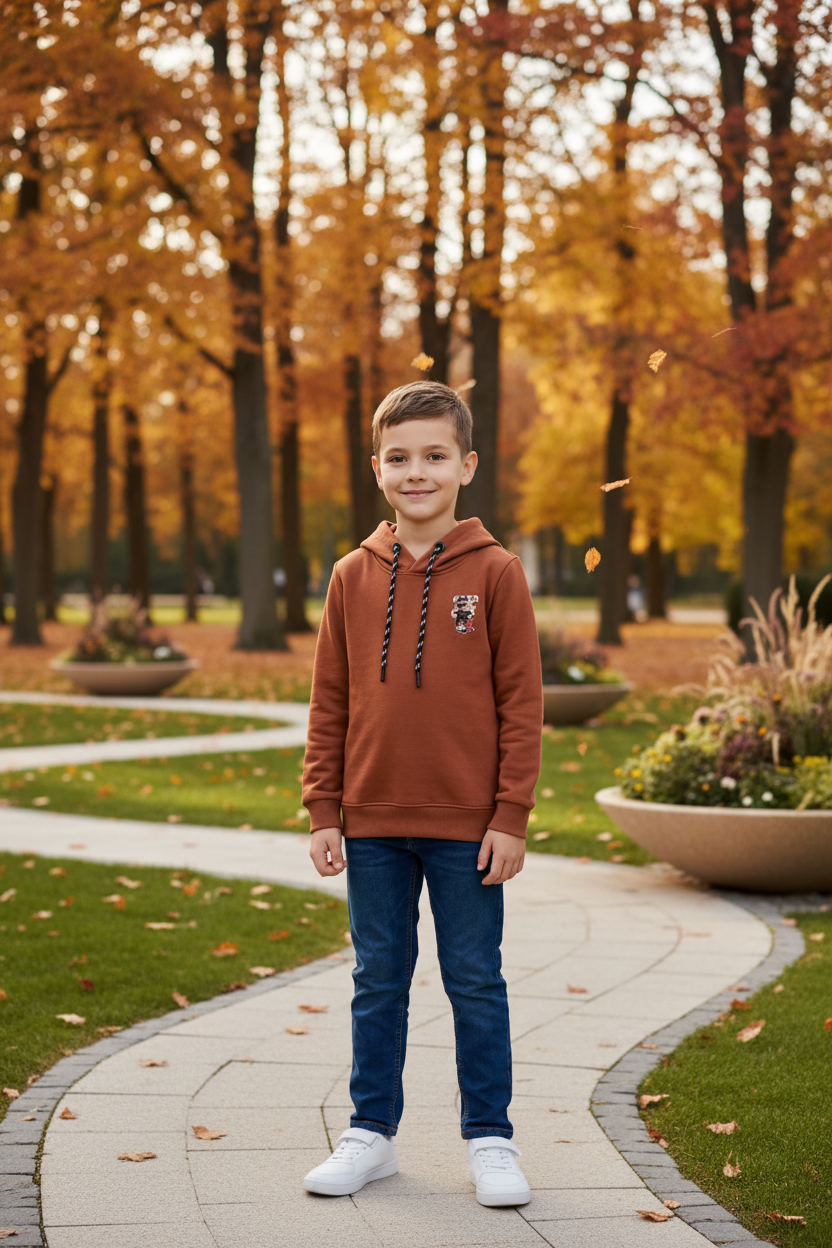 Enfant portant le hoodie roux CHAYA STYLE, pose debout, parc automnal moderne