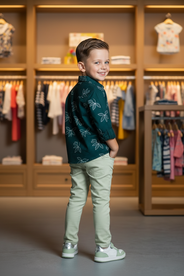 Ensemble 3 pièces garçon chemise tropicale vert forêt - pose de dos - CHAYA STYLE