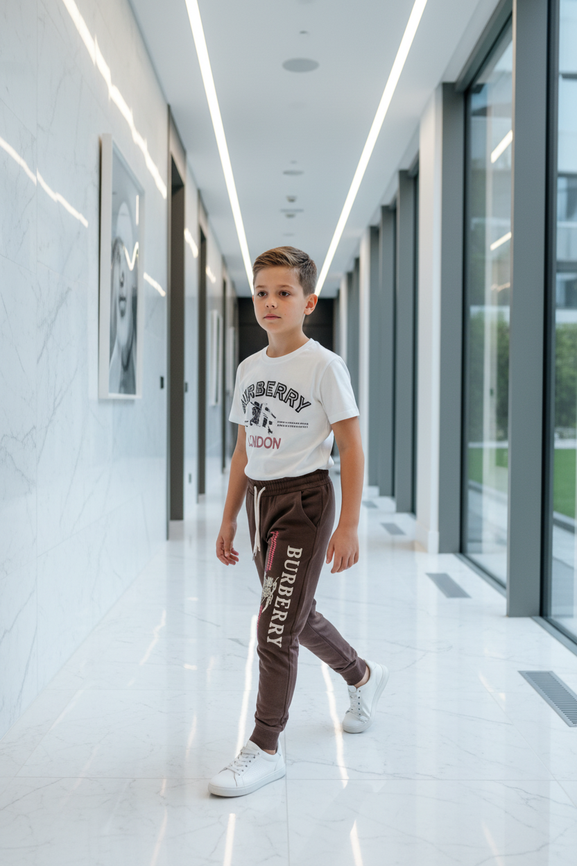 Ensemble jogging Burberry garçon 8 ans - pose en mouvement, couloir moderne