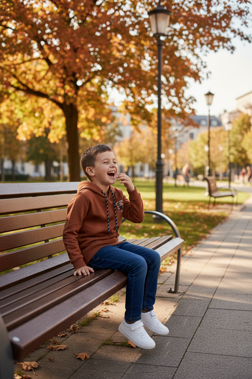 Enfant portant le hoodie roux CHAYA STYLE, assis sur un banc, parc automnal chic
