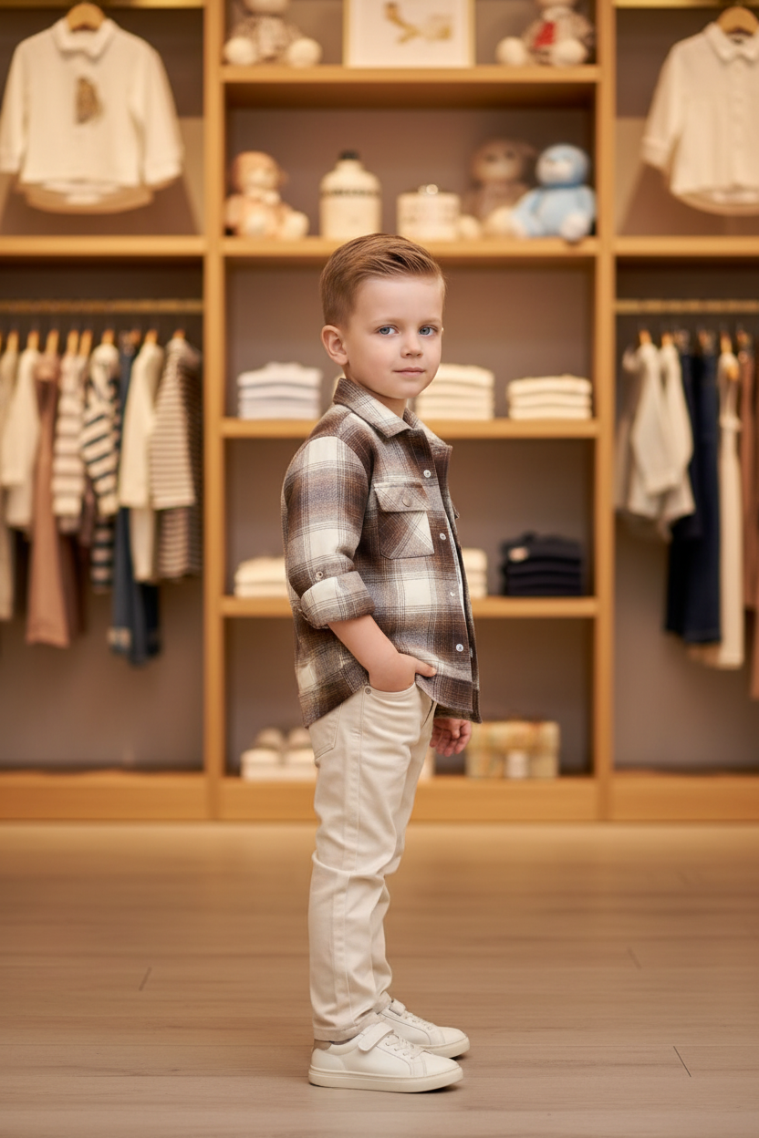Ensemble 3 pièces garçon chemise carreaux brun crème - pose trois quarts - CHAYA STYLE