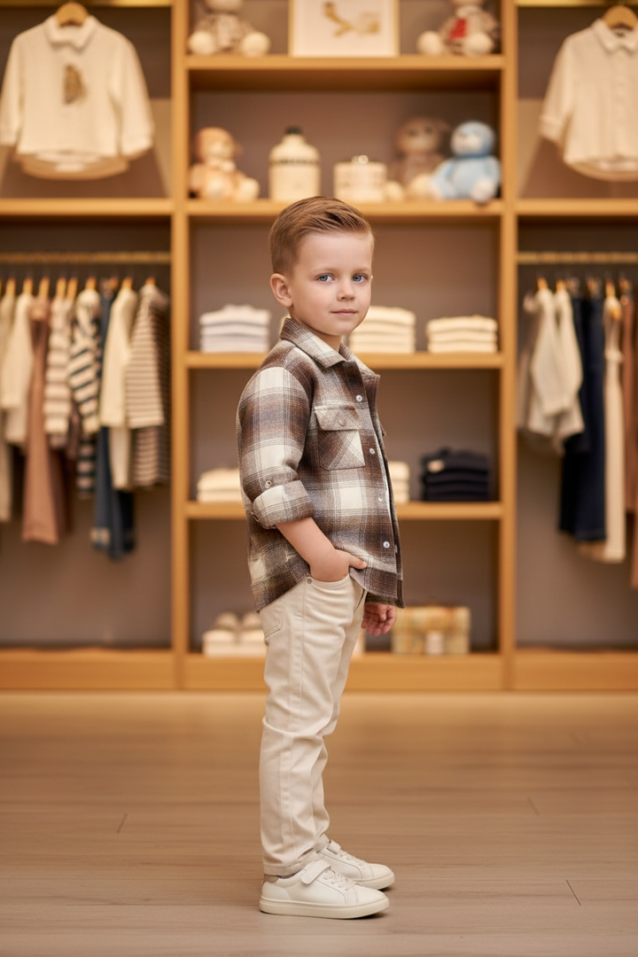 Ensemble 3 pièces garçon chemise carreaux brun crème - pose trois quarts - CHAYA STYLE