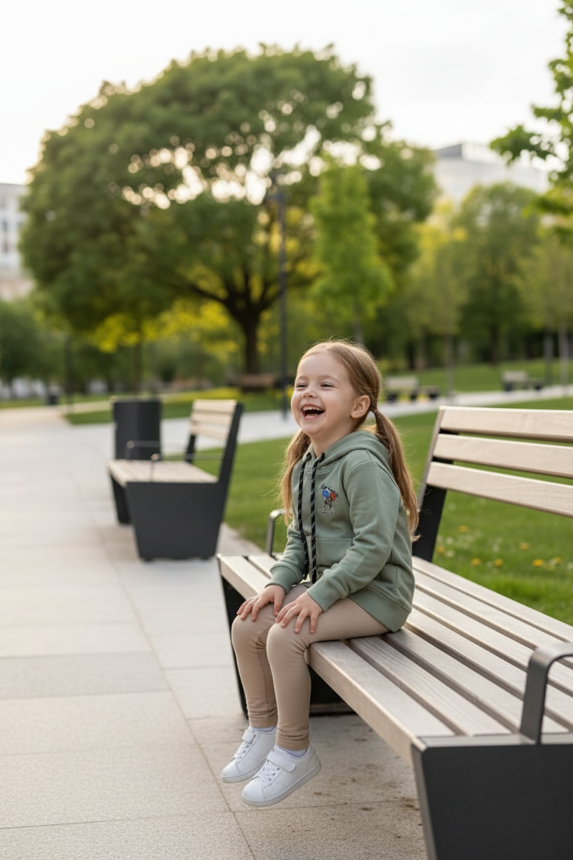 Petite fille portant le hoodie vert sauge astronaute CHAYA STYLE, assise sur un banc, parc chic