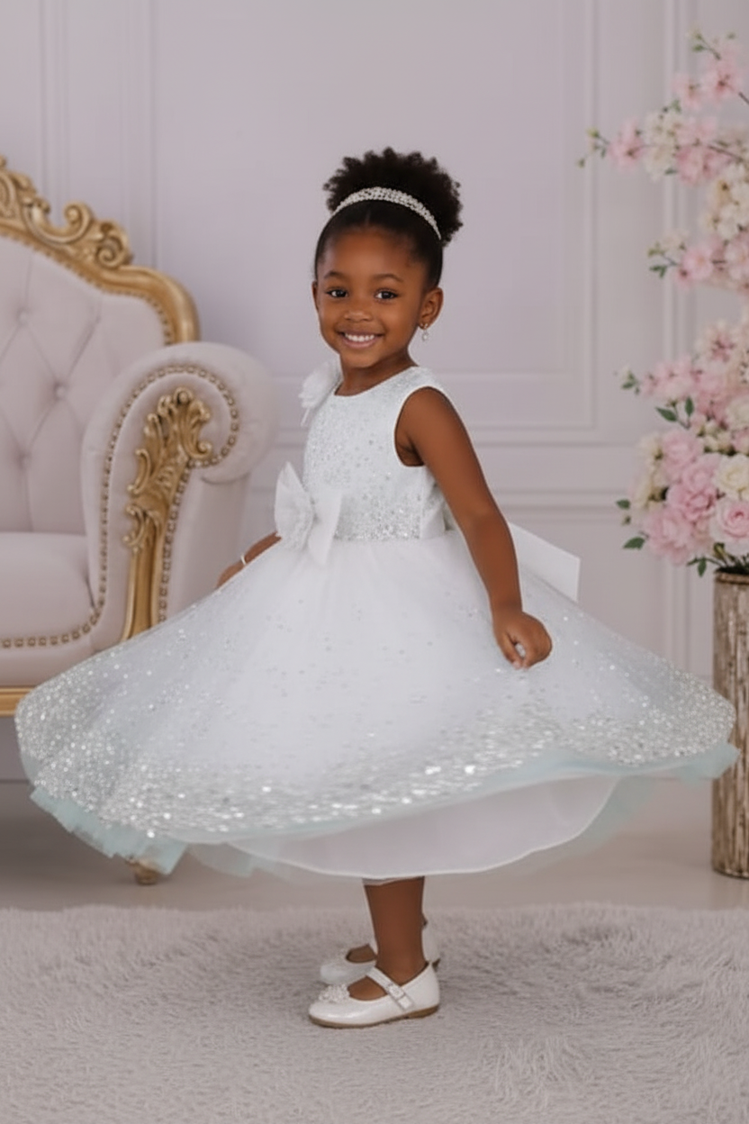 Robe de cérémonie blanche fille tulle paillettes argent – pose tourbillon jupe évasée – CHAYA STYLE