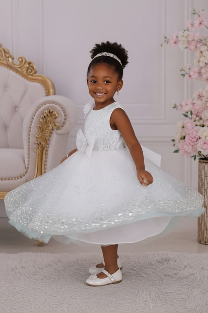 Robe de cérémonie blanche fille tulle paillettes argent – pose tourbillon jupe évasée – CHAYA STYLE