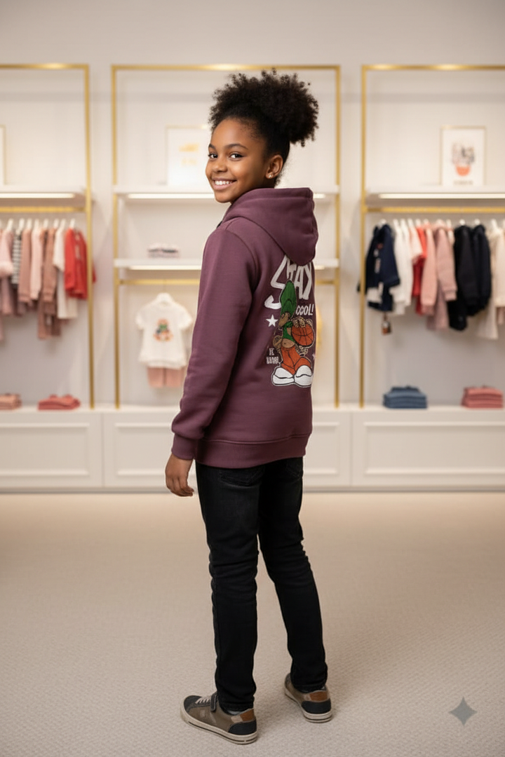 Fille afro-descendante portant le hoodie bordeaux CHAYA STYLE, pose de dos, boutique chic
