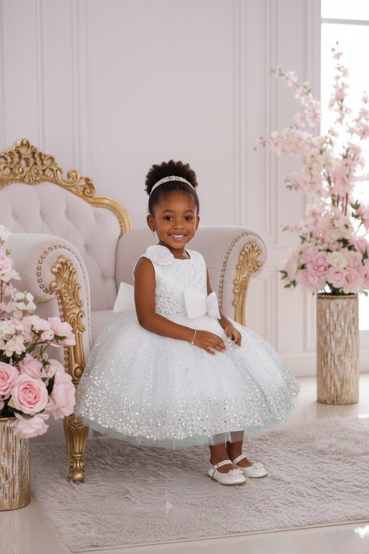 Robe de cérémonie blanche fille tulle paillettes argent – pose assise fauteuil doré – CHAYA STYLE