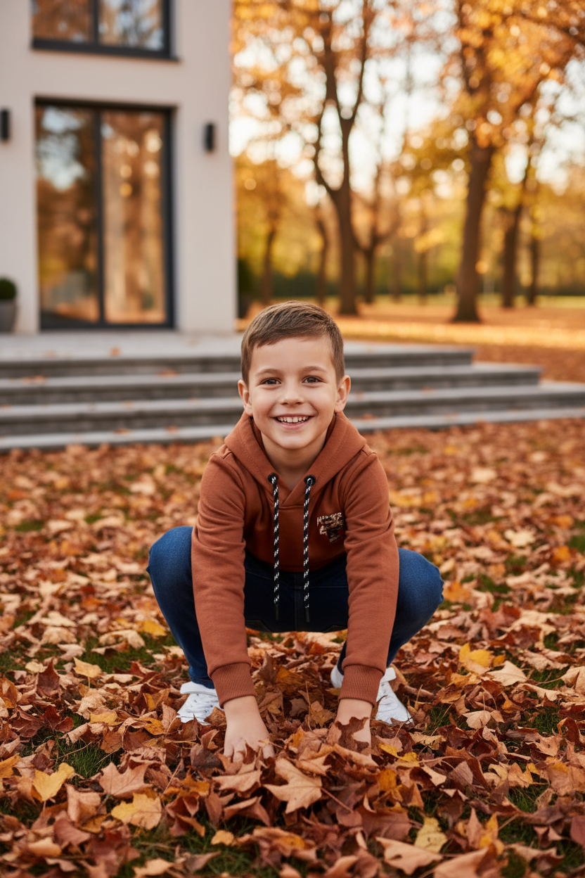 Enfant portant le hoodie roux CHAYA STYLE, accroupi jouant avec les feuilles, automne