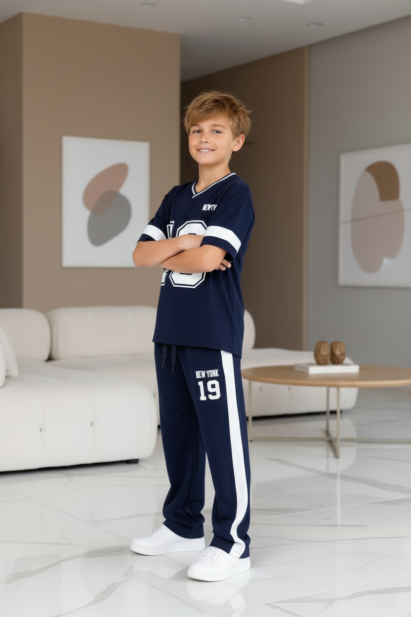 Ensemble jogging garçon bleu marine New York 19 – pose trois-quarts – CHAYA STYLE