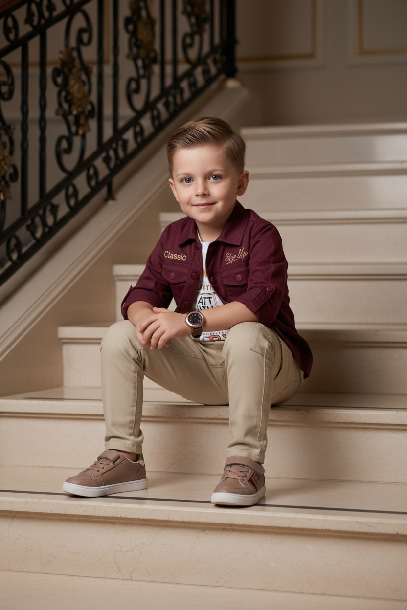 Ensemble 3 pièces garçon chemise bordeaux t-shirt blanc pantalon cargo beige – pose assis – CHAYA STYLE