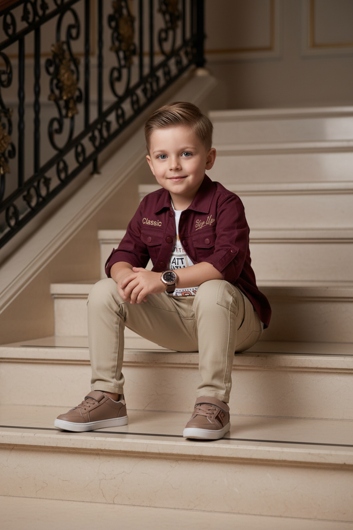 Ensemble 3 pièces garçon chemise bordeaux t-shirt blanc pantalon cargo beige – pose assis – CHAYA STYLE