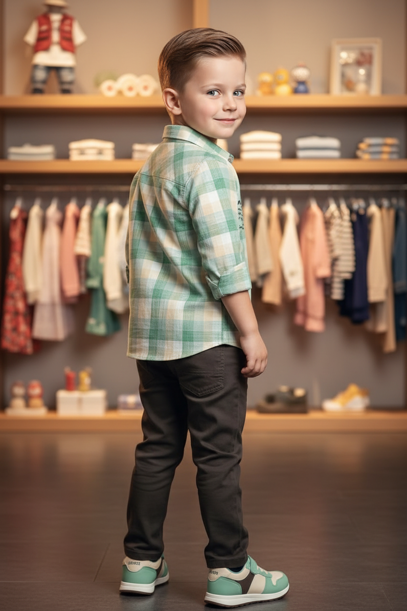 Ensemble 3 pièces garçon chemise carreaux vert menthe - pose de dos - CHAYA STYLE