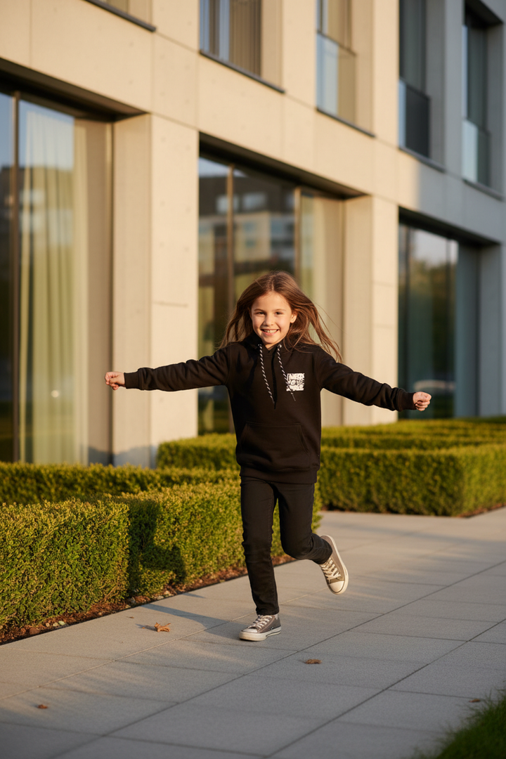 Enfant portant le hoodie noir CHAYA STYLE, courant à l&