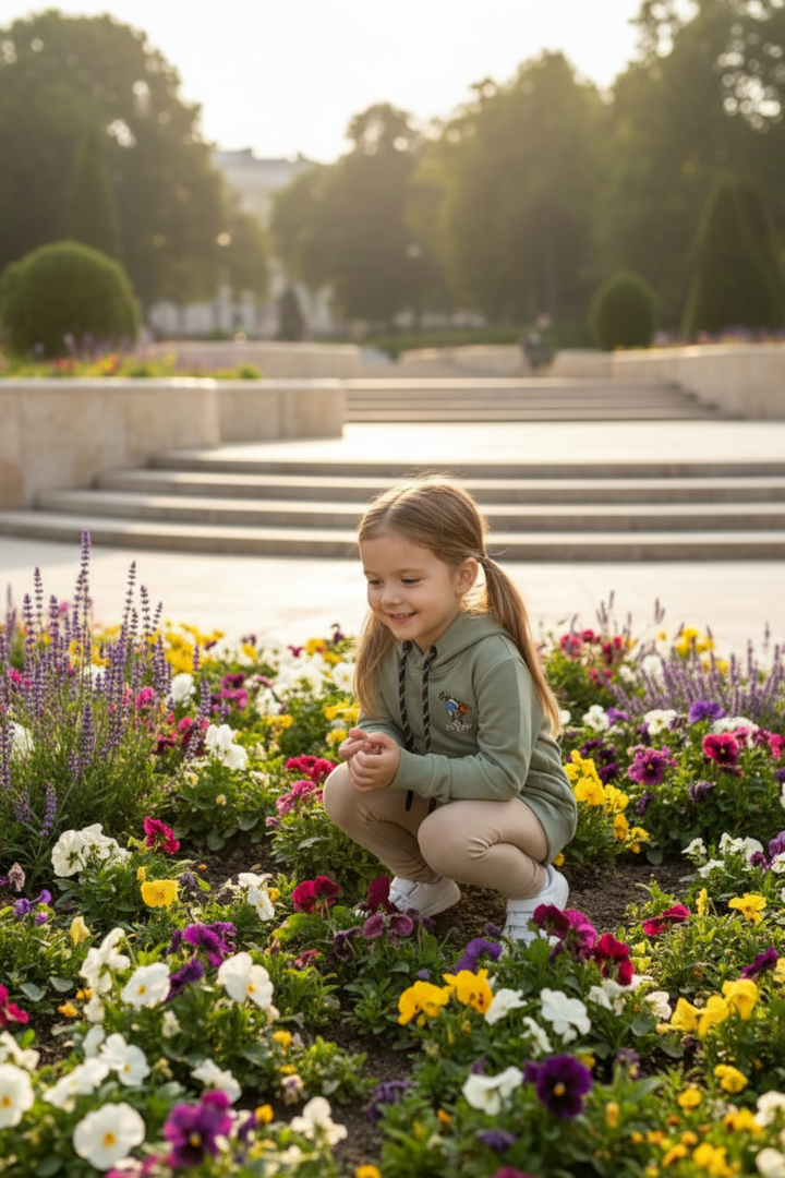 Petite fille portant le hoodie vert sauge astronaute CHAYA STYLE, accroupie dans un parc moderne