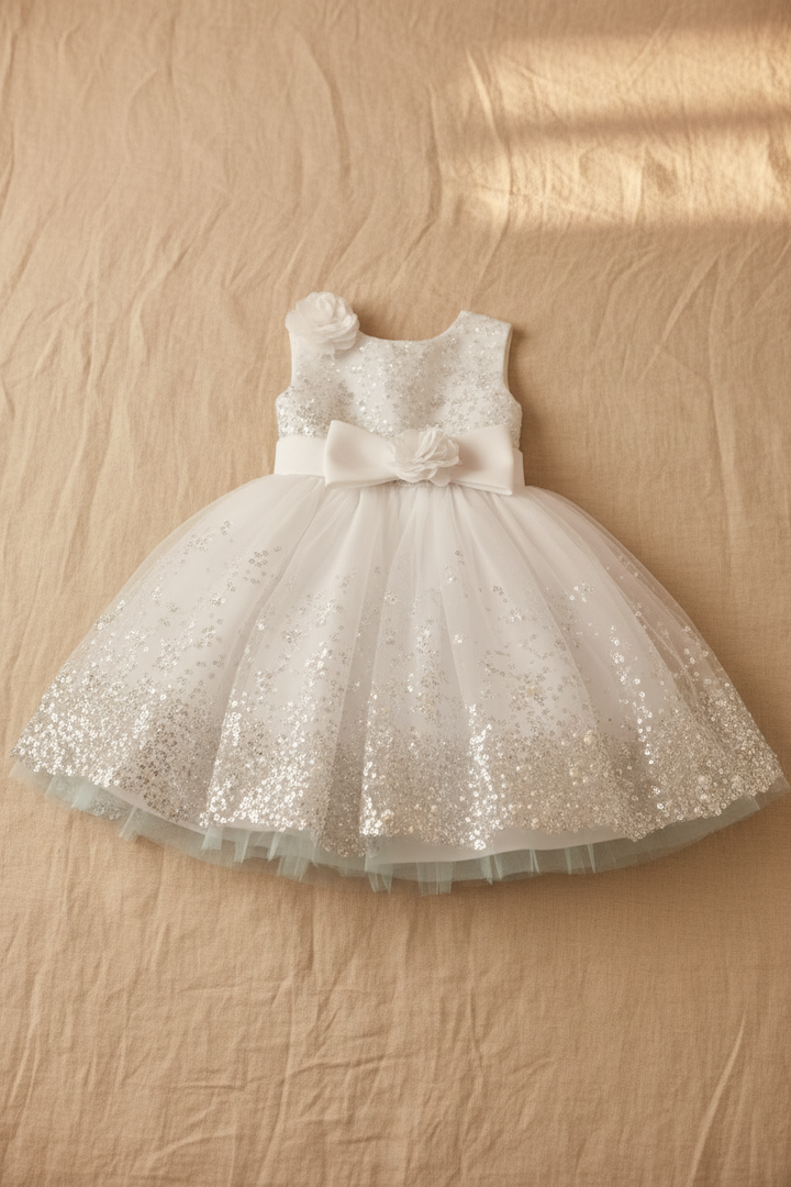 Robe blanche cérémonie fille flat lay fond beige