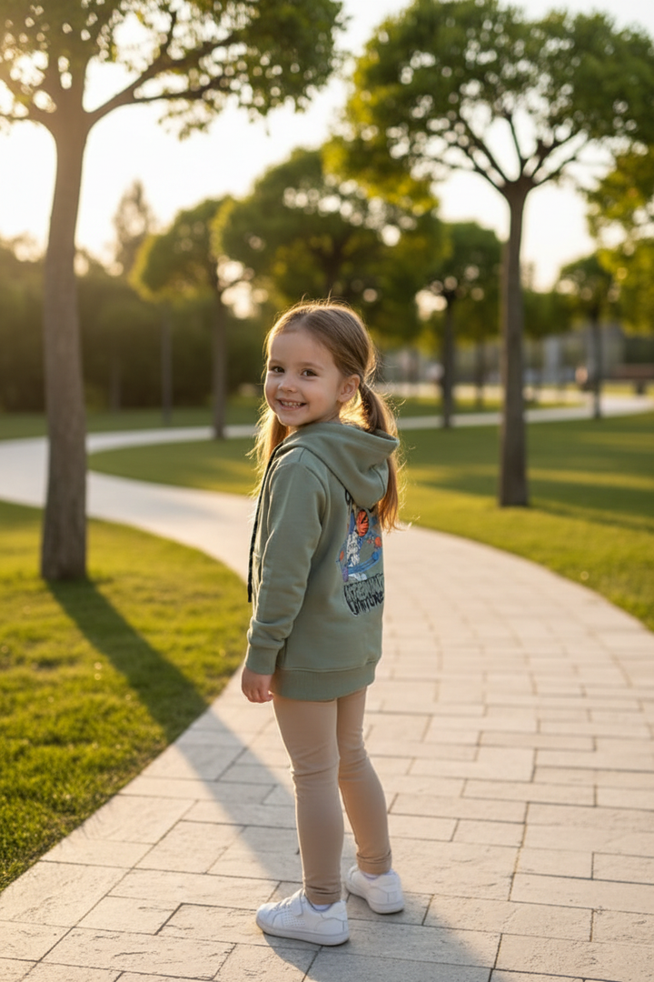 Petite fille portant le hoodie vert sauge astronaute CHAYA STYLE, pose de dos, parc moderne