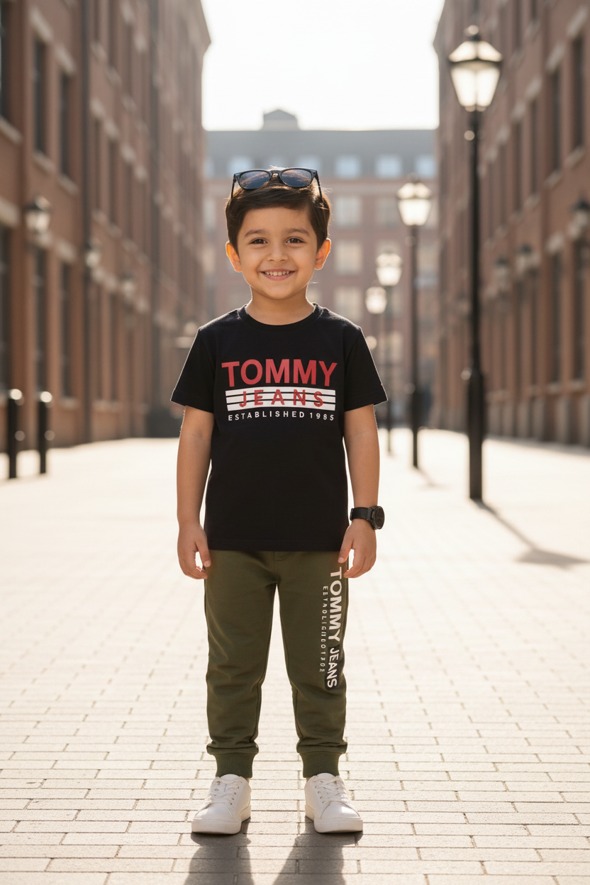 Garçon souriant en ensemble Tommy Jeans noir et kaki, ambiance lifestyle urbaine
