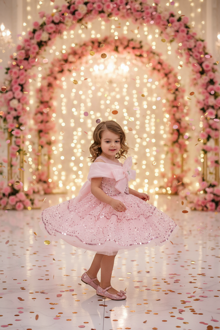Fillette 3 ans - Tournoyer sur piste de danse, arches dorées et confettis