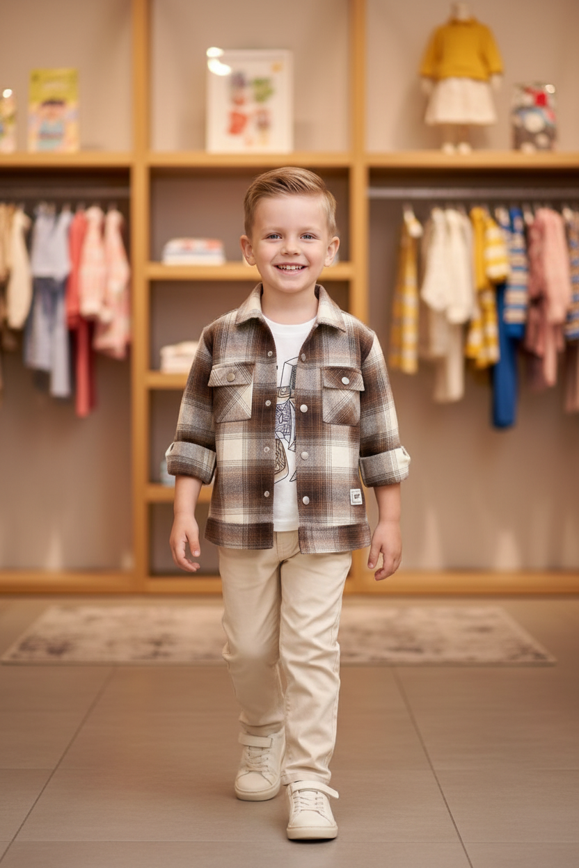 Ensemble 3 pièces garçon chemise carreaux brun crème - pose en marche - CHAYA STYLE