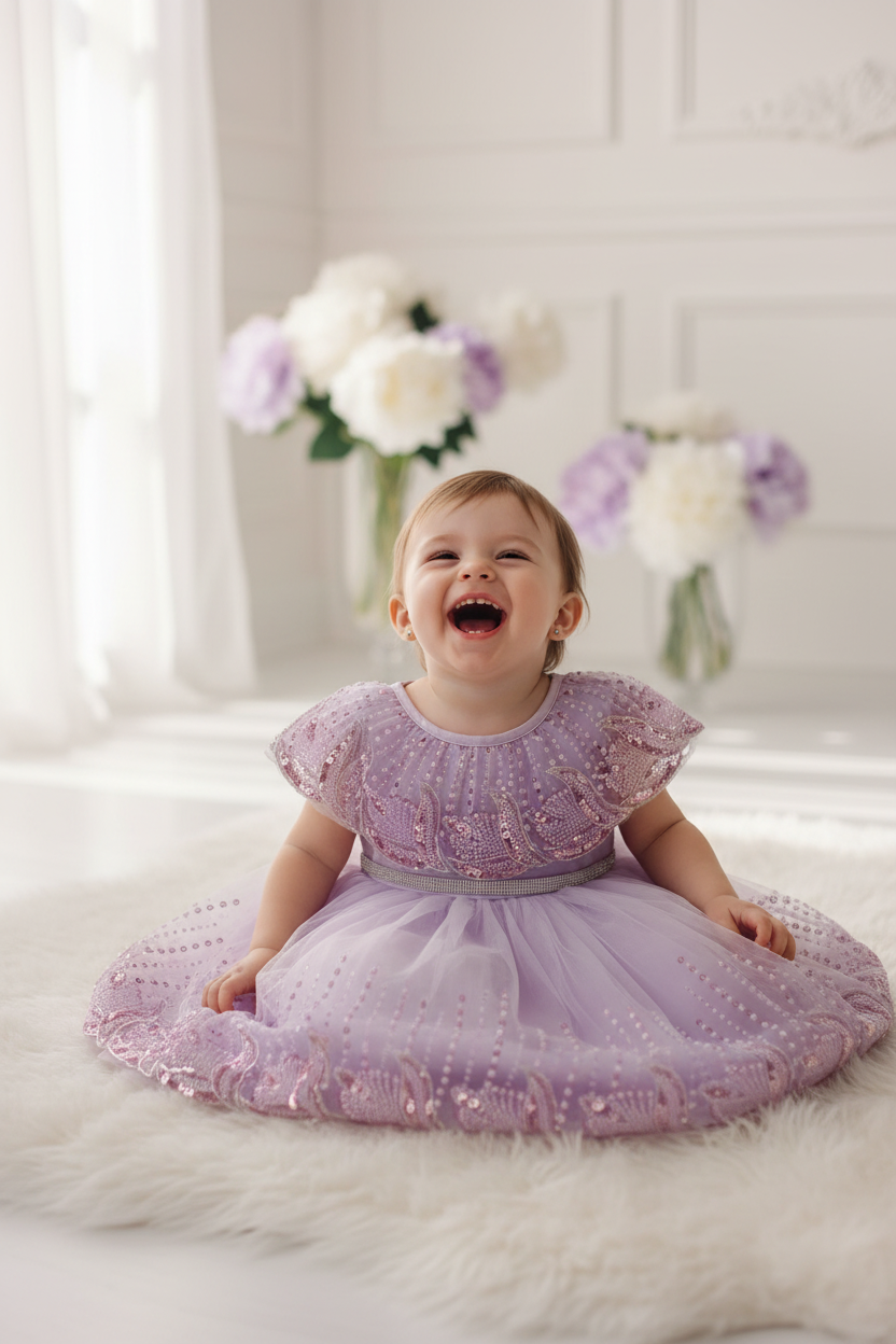 Robe de cérémonie paillettes violette bébé 1 an assise tapis blanc riant – CHAYA STYLE
